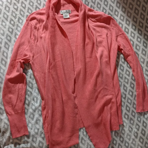 Coral cardigan Sweater Boho Ribbed Detailing Longer Length in Front Size Medium - Picture 4 of 16